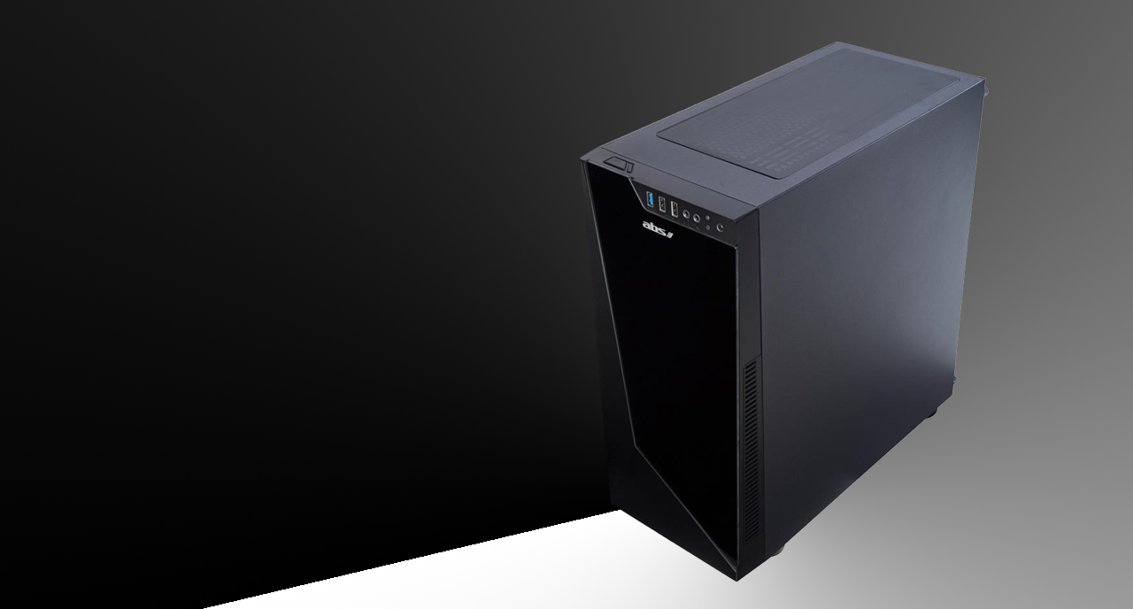 An ABS Gladiator Gaming PC tilted slightly to the left shows the right panel, top panel and front panel